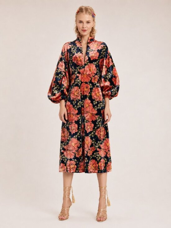 Zara Dresses & Skirts - ZARA Floral Velvet Puff Sleeve Kaftan Midi Dress